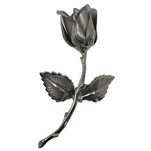 Vintage Rose Brooch Silver Tone Floral Statement Pin 1980s Costume Jewelry